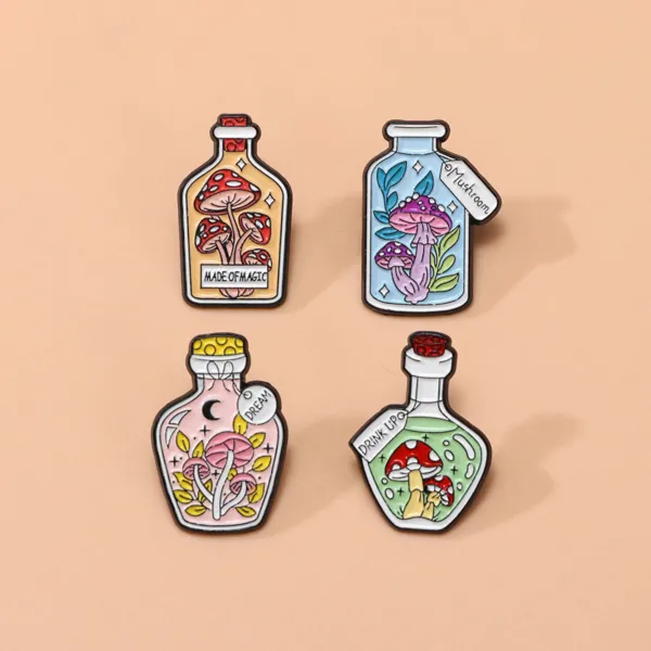 Mushroom potion enamel pins on beige background