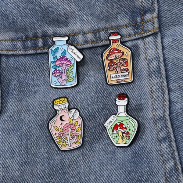 Mushroom potion enamel pins on denim jacket