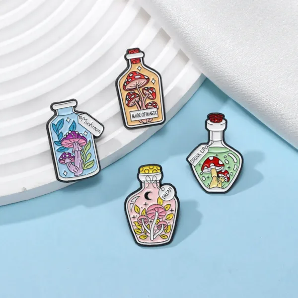 Mushroom potion enamel pins on mixed backgrounds