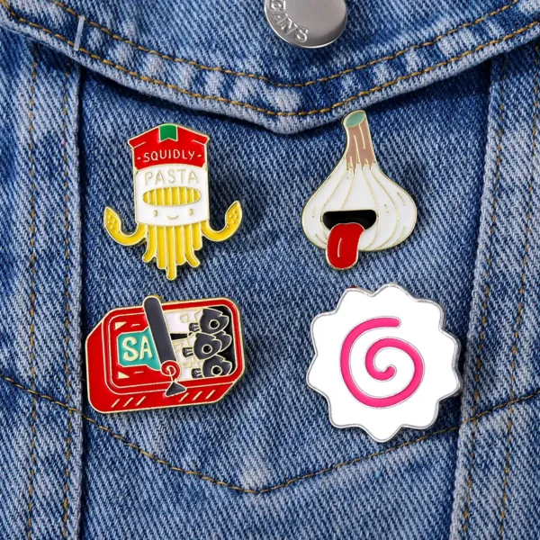 Food Enamel Pins on Denim