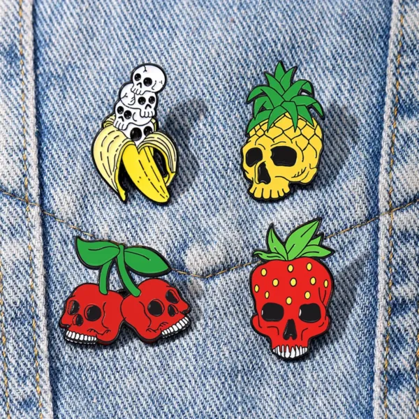 Fruit Skull Enamel Pins on Denim