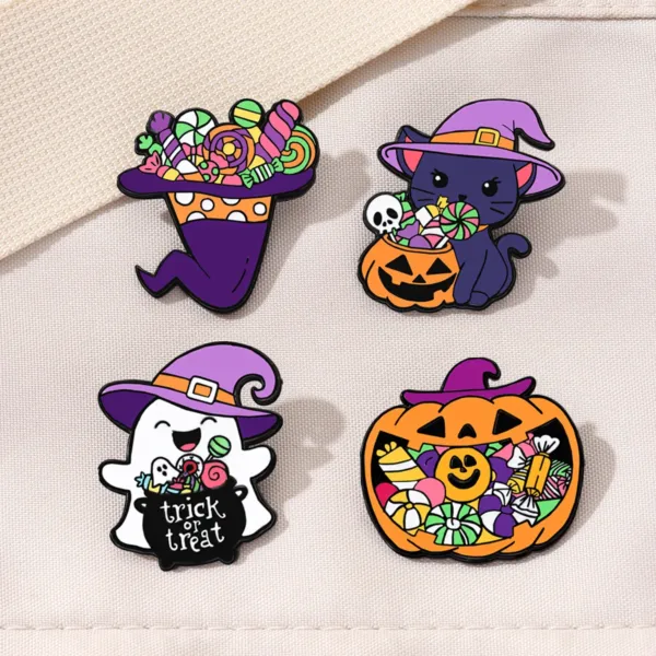 Halloween Enamel Pins Set on Beige Fabric Halloween Enamel Pins Set on Beige Fabric
