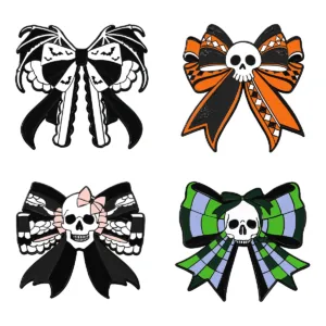Halloween Skull and Bat Wing Bow Enamel Pin Set