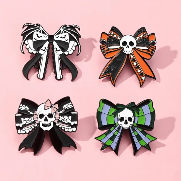 Halloween Skull Bow Enamel Pin Set on Pink Background Halloween Skull Bow Enamel Pin Set on Pink Background