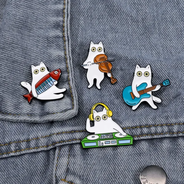 Cat Musician Enamel Pins on Denim Cat Musician Enamel Pins on Denim