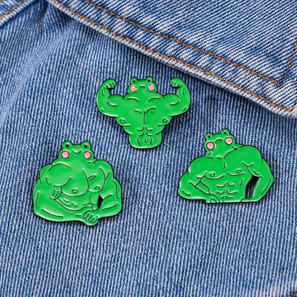 Muscle Frog Pins on Denim Fabric