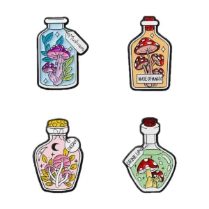 Set of four mushroom potion bottle enamel pins