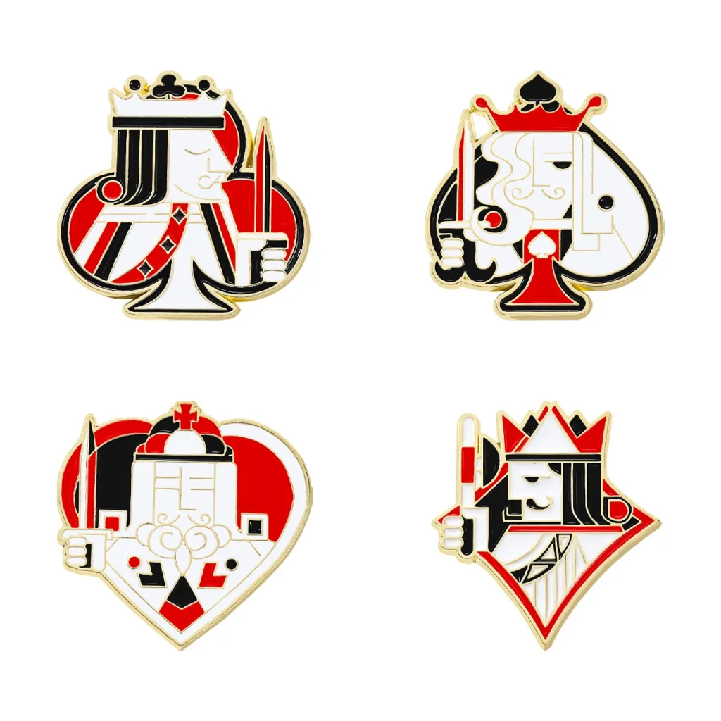 Playing card enamel pin set with Spade, Club, Heart, and Diamond designs in white, red, black, and gold enamel.