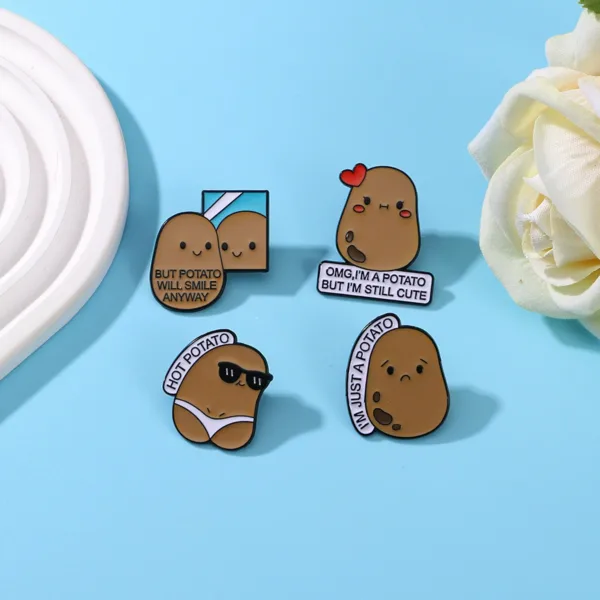 Potato Enamel Pins on Blue Surface Potato Enamel Pins on Blue Surface