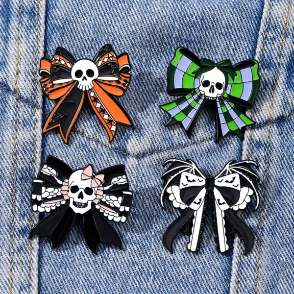 Skull Bow Enamel Pins Styled on Denim Jacket Skull Bow Enamel Pins Styled on Denim Jacket
