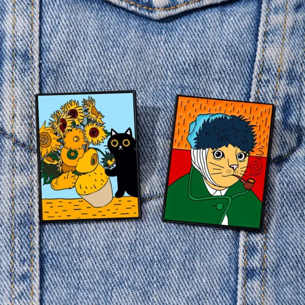 Van Gogh Cat Enamel Pins on Denim Jacket Van Gogh Cat Enamel Pins on Denim Jacket