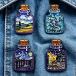 Art Enamel Pin Set in Bottle Shapes on Denim Jacket