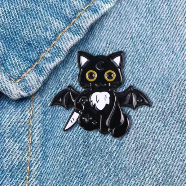 Bat Cat Enamel Pin on Denim Bat Cat Enamel Pin on Denim