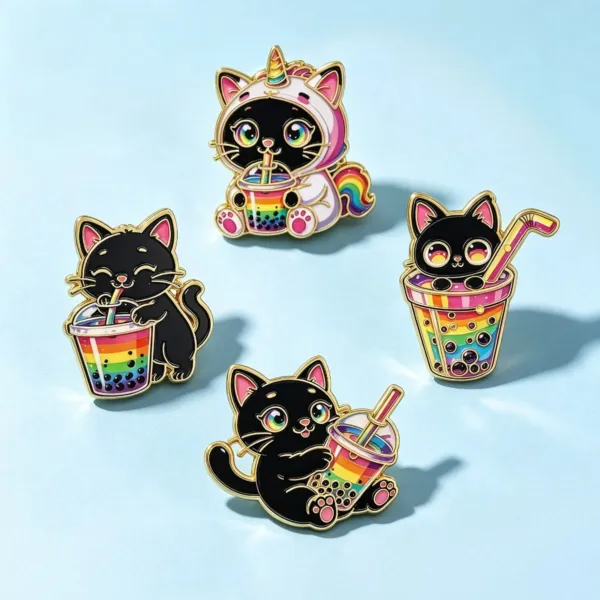 Black Cat Boba Tea Pins on Blue Background Black Cat Boba Tea Pins on Blue Background