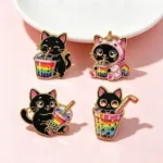 Black Cat Boba Tea Pins on Pink Background Black Cat Boba Tea Pins on Pink Background