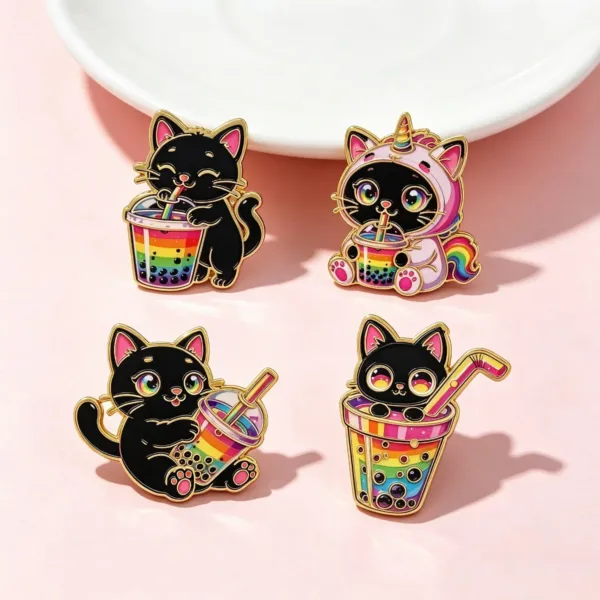 Black Cat Boba Tea Pins on Pink Background Black Cat Boba Tea Pins on Pink Background