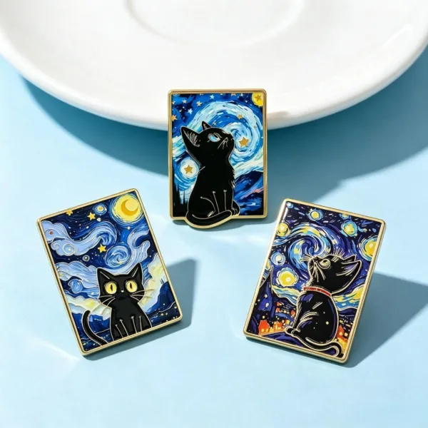 Black Cat Enamel Pins on Light Blue Surface