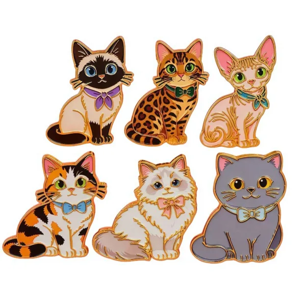 Six cat enamel pins with bowties rearranged in a different two-row layout on a white background for product display