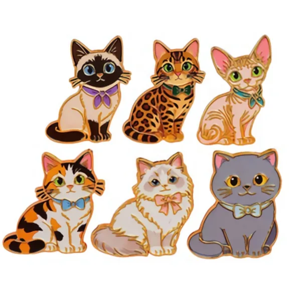 Six cat enamel pins with bowties shown in a clean group layout on a white background for product display