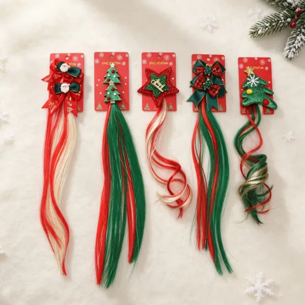 Five Christmas hair clips on red display cards with Santa, tree, star, and bow designs