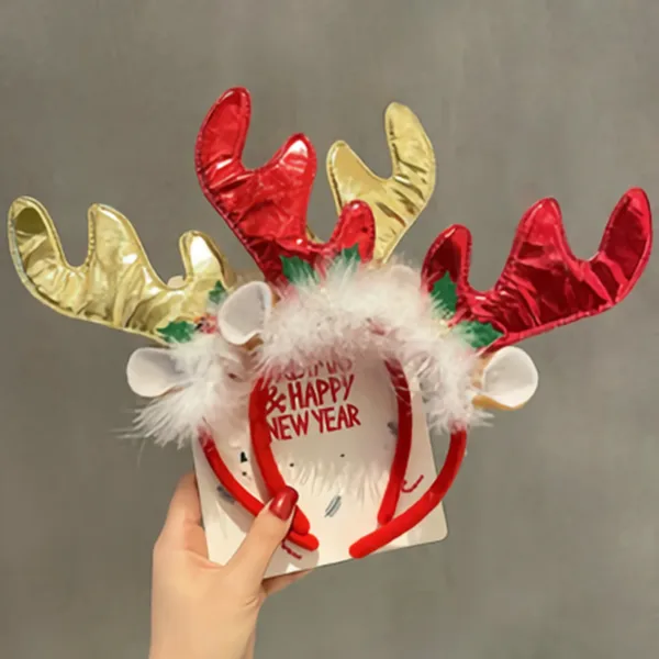 Christmas headband with sequin antlers and gold accents on display card