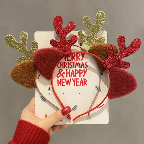 Christmas headband with red sequin antlers and brown ears on card