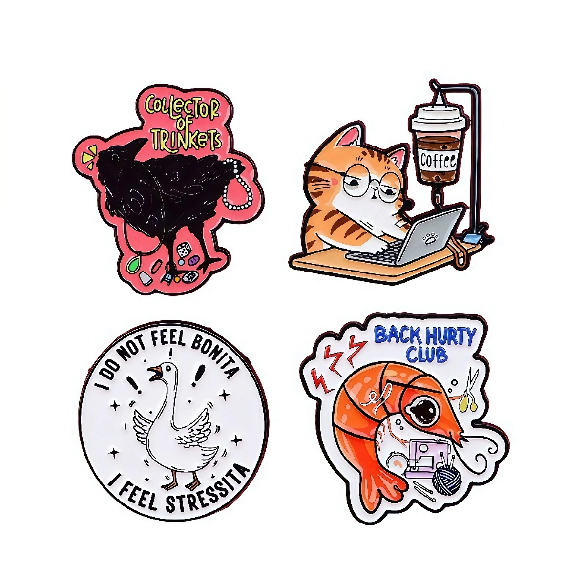 Cute animal enamel pin set of four designs including coffee cat, collector crow, stressed goose, and crafting shrimp