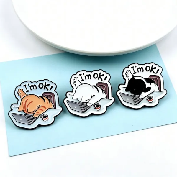 Exhausted Cat Enamel Pin Blue Paper Display