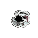 Black Exhausted Cat on Laptop Enamel Pin I'm Ok! Speech Bubble