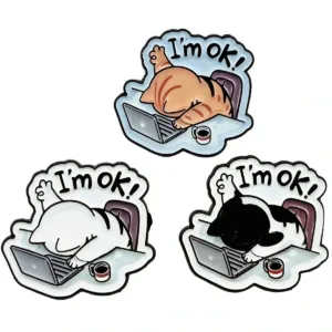 Exhausted Cat on Laptop Enamel Pin I'm Ok! Speech Bubble Main Image