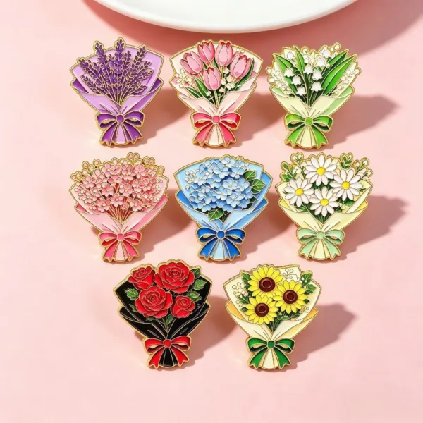 Floral Enamel Pin Set on Pink Background