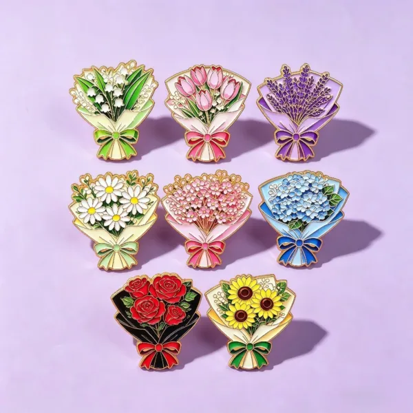 Floral Enamel Pin Set on Purple Background