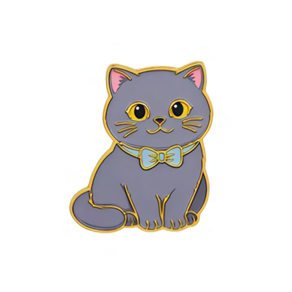 Gray Cat Enamel Pin with Light Blue Bowtie