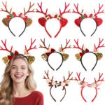Woman wearing Christmas reindeer antler headband Woman wearing Christmas reindeer antler headband