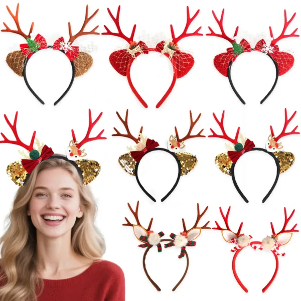 Woman wearing Christmas reindeer antler headband Woman wearing Christmas reindeer antler headband