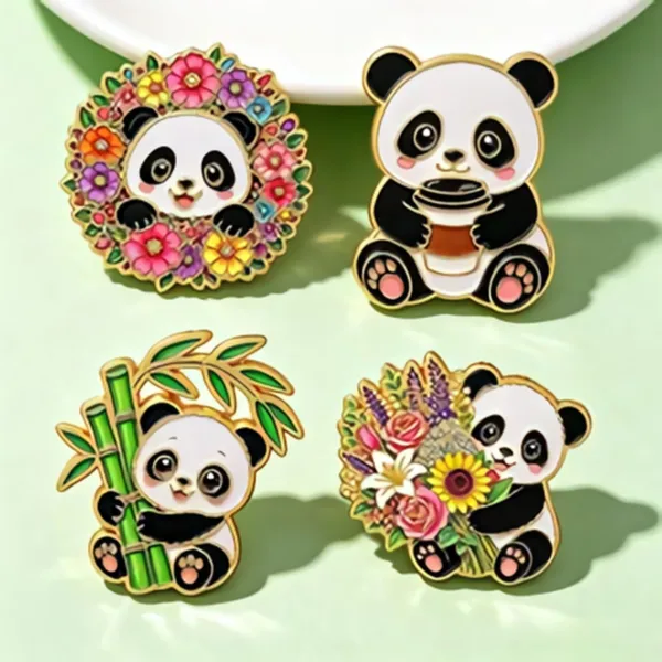 Panda Enamel Pin Set on Green Background