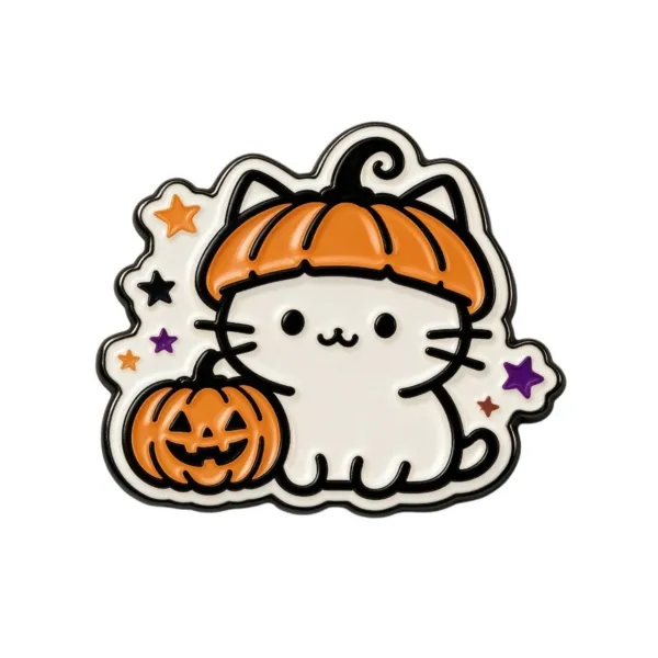 Pumpkin Cat Halloween Enamel Pin White Cat with Jack o Lantern
