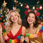 Two women wearing Christmas headbands Two women wearing Christmas headbands