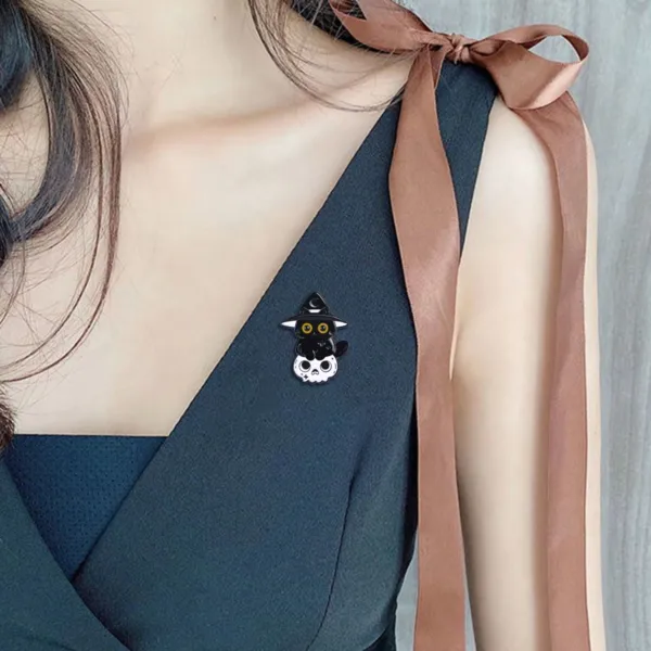 Witch Cat Enamel Pin on Clothing Witch Cat Enamel Pin on Clothing